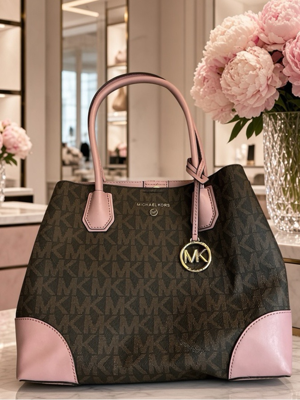 Michael Kors Brown Monogram Tote with Pink Leather Trim